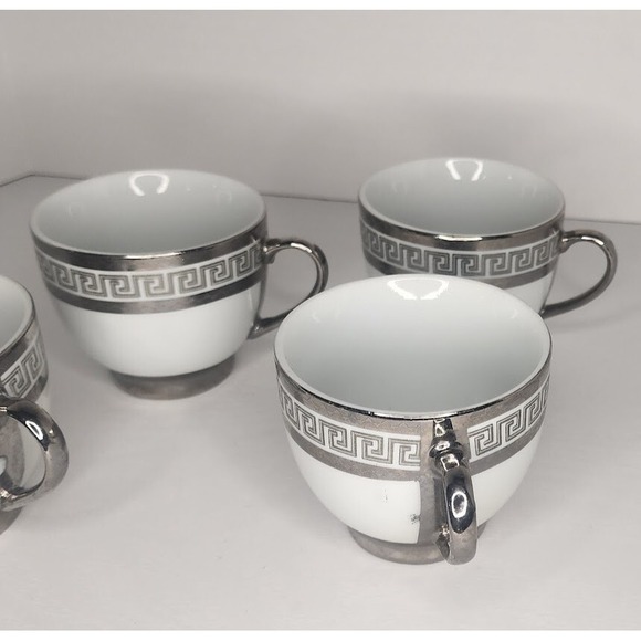 Greek Key Silver Trim Tea Cups White With Silver Trim Set of 4 Tea Cups. - Picture 4 of 10